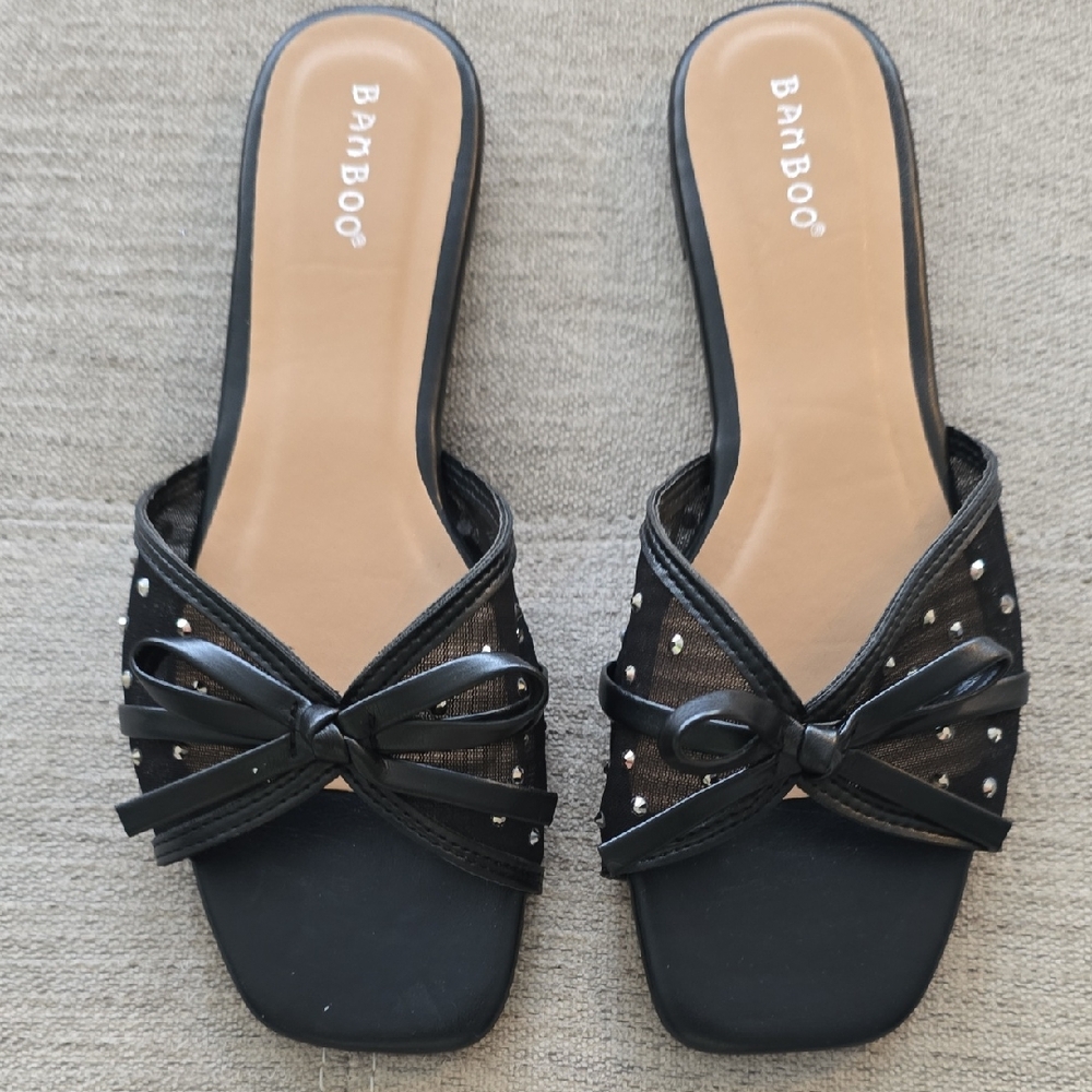 Bamboo Black Studded Mesh Bow Sandals Sz 8/38